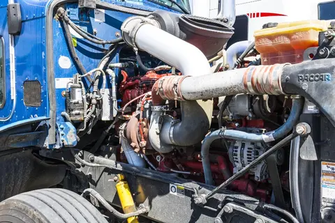 An exposed truck engine